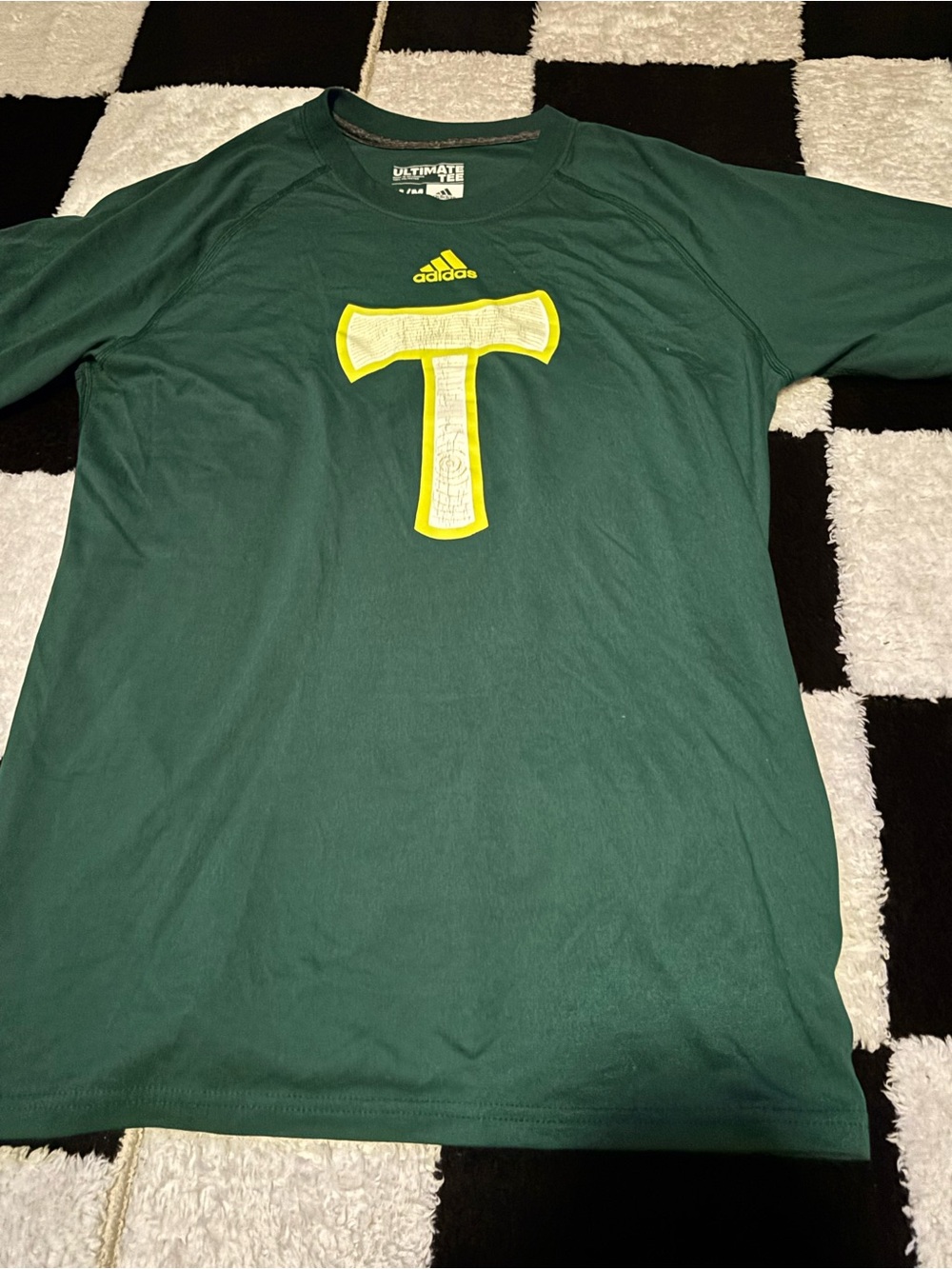 adidas Men’s Dark Green Long Sleeve Tee with Yellow Chest Graphic